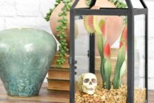 a quick and cool Halloween terrarium with pebbles, a skull and scary plants is a lovely solution to stand out