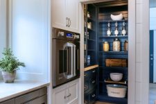 a small pantry with no door, with navy shiplap and built-in cabinets, lights, bowls, jars and bottles is a lovely idea