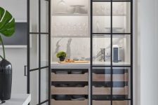 a stylish pantry with shelves, pull out drawers and framed glass doors that allow seeing what’s inside all the time