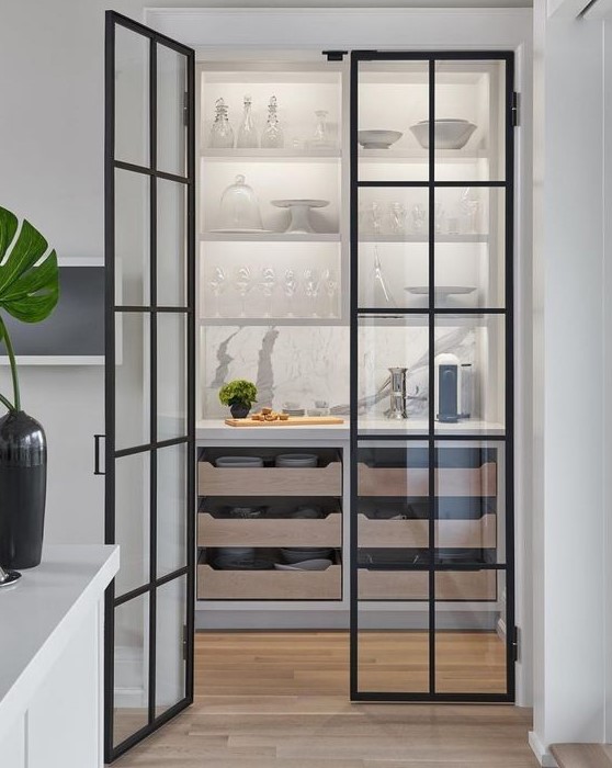a stylish pantry with shelves, pull out drawers and framed glass doors that allow seeing what's inside all the time