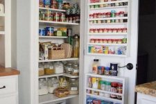 a tiny built-in pantry with open shelves, baskets and cubbies, shelves attached to the door is a cool solution
