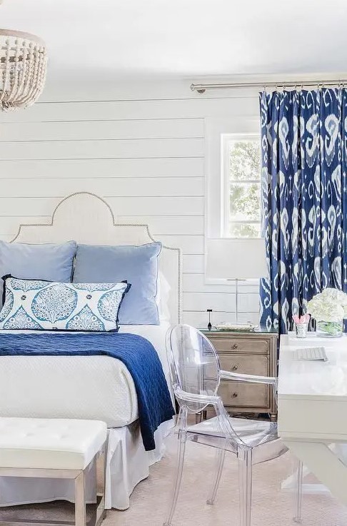 blue printed textiles are optimal for creating a coastal bedroom or a beach space