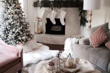 a cozy living room decorated for Christmas