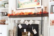 a Harry Potter fireplace with bodl fall leaves, an owl, pillar candles, firewood and a broom is a cool idea for a party