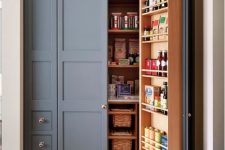 a blue built-in pantry with stained shelves and baskets is a cool way to store your food and drinks in the kitchen
