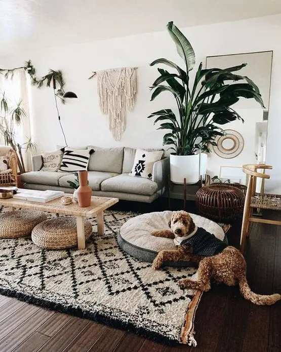 a boho chic living room with a printed rug and pillows, a macrame hanging, potted plants and jute ottomans