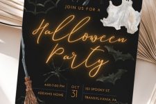 a bright and cool Halloween party invitation with neon-like calligraphy, bold letters, pumpkins and a ghost