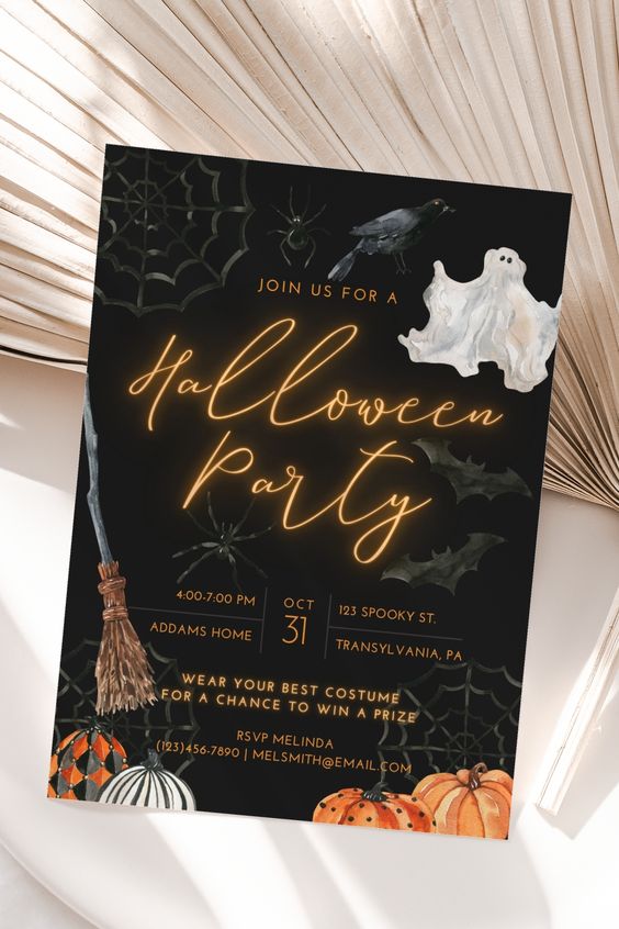 A bright and cool Halloween party invitation with neon like calligraphy, bold letters, pumpkins and a ghost