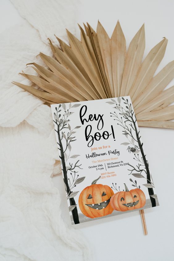 A bright and fun Hallowene party invitation with jack o lanterns and letters is a cool and easy piece to repeat