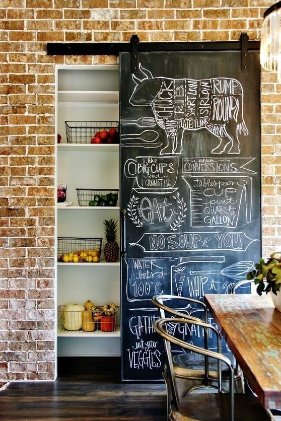 a built-in pantry with a cool door - a sliding chalkboard one, on which you can make notes and it won't take any space