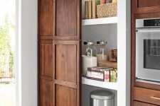 a built-in pantry with a sliding traditional door that matches the whole kitchen design is a cool idea
