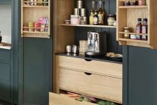 a built-in pantry with dark green panels and backing, stained shelves, drawers and shelves on the doors is a smart solution