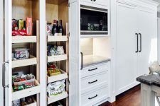 a built-in pantry with drawers that let you store wine, food, canned food and spices is a smart idea for a kitchen