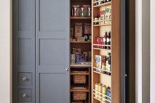 a built-in pantry with lots of basket drawers, shelves on the doors and inside is a cool idea to use an awkward nook