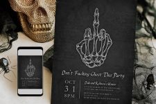a classic Halloween party invitation with a badass touch, a skeleton hand, and white lettering is a cool and fresh idea