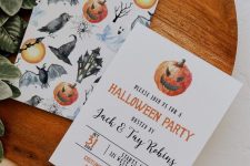 a classic Halloween party invitation with a jack-o-lantern, with a matching envelope with bats will fit most of party themes