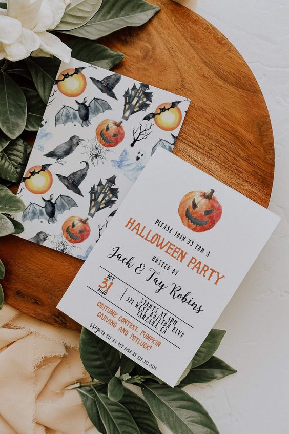A classic Halloween party invitation with a jack o lantern, with a matching envelope with bats will fit most of party themes