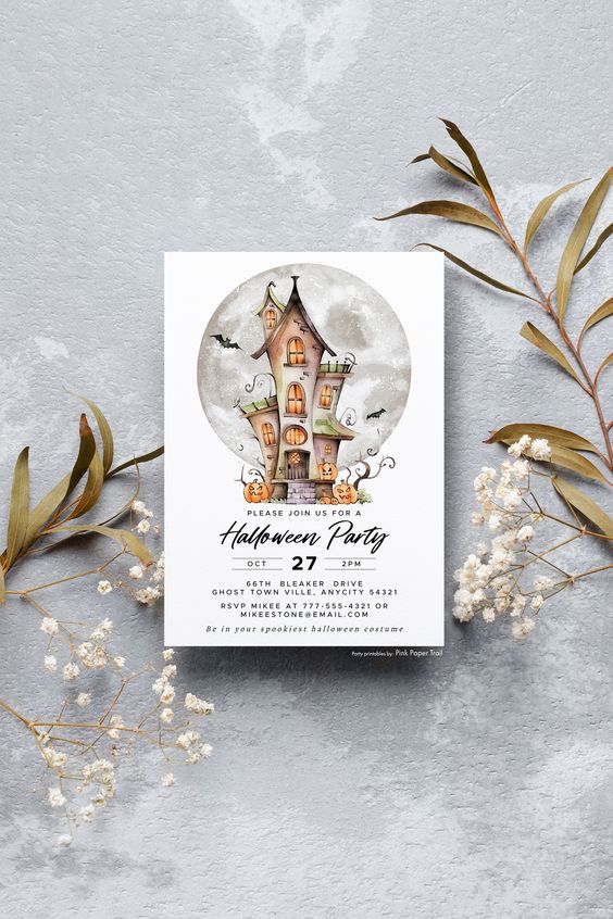 a classy Halloween party invitation wiht a funny haunted house and pumpkins is a cool idea for your not very moody celebration