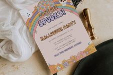 a colorful hippie Halloween invitation with ghosts, sugar skulls and flowers is a fun idea for a boho or hippie Halloween party