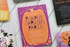 a colorful pumpkin carving party invitation in purple and orange is a lovely idea for Halloween