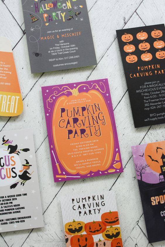 a colorful pumpkin carving party invitation in purple and orange is a lovely idea for Halloween