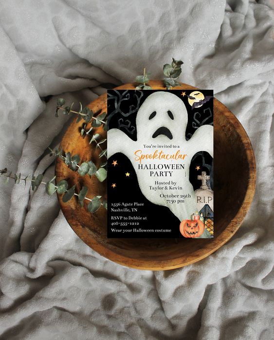 a cute and modern Halloween party invitation with a ghost and a pumpkin is a lovely solution for celebrating