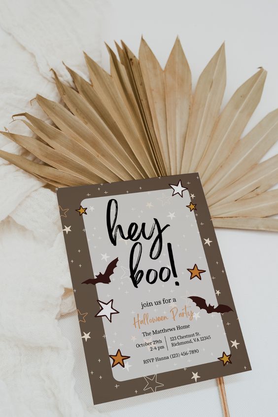 a funny Halloween party invitation with stars and bats is a catchy and cute idea that will fit both adults' and kids' parties