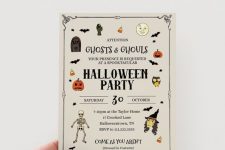 a funny and pretty Halloween invitation with all the traditional prints done in a modern and colorful way
