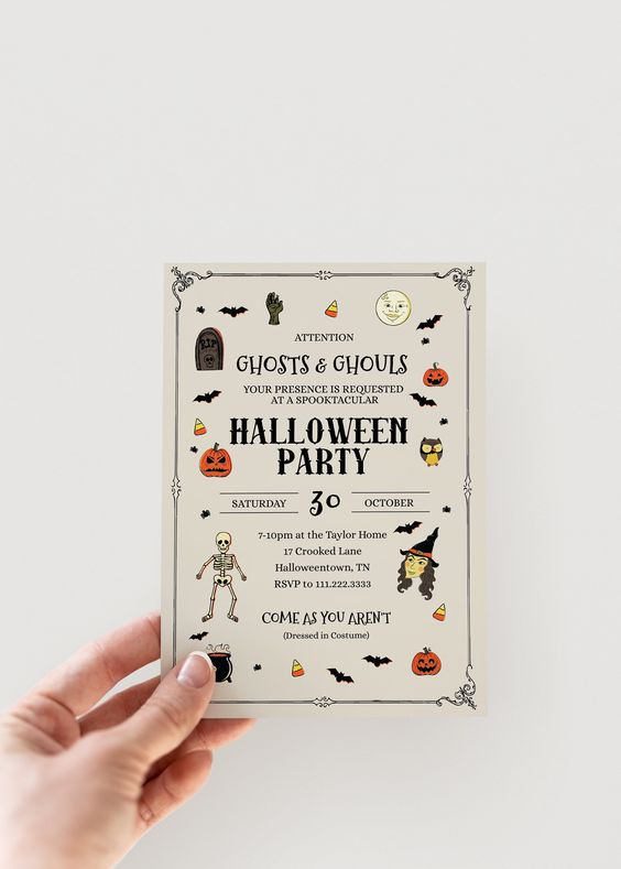 a funny and pretty Halloween invitation with all the traditional prints done in a modern and colorful way