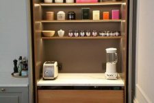 a minimal built-in pantry with open shelves and built-in lights, drawers, various appliances, jars and cans is a cool idea