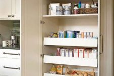 a neutral built-in pantry doesn’t stand out a lot from the overall kitchen decor and gives much storage space