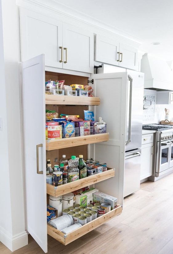 A neutral built in pantry with pull out drawers only is a cool idea with maximal functionality
