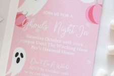 a pretty and fun pink Halloween invitation with ghosts and pumpkins hints on the bright colors and cute decor