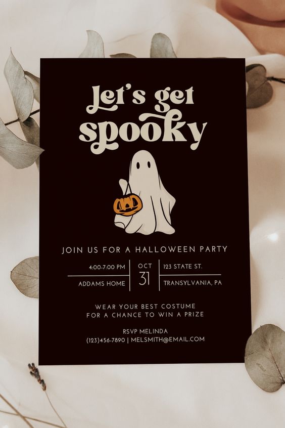 A pretty modern Halloween part invitation with a ghost and a jack o lantern is a stylish idea to try