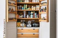 a pretty pantry built into the kitchen cabinets, with shelves, drawers and lots of food, oils, spices and various appliances