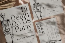 a simple black  and white Halloween invitation suite with skeletons is a classic idea for Halloween