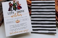 a simple girl Halloween party invitation with witches and a pumpkin plus a striped envelope are a cool combo