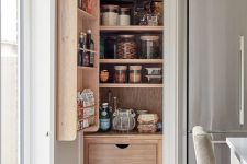a small yet smart built-in pantry with shelves, drawers and shelves on the doors, with food in matching jars is perfect