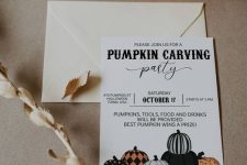 an elegant pumpkin carving party invitation with chic pumpkins and black lettering is a cool idea for Halloween