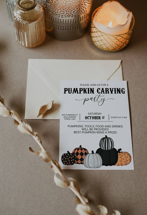 an elegant pumpkin carving party invitation with chic pumpkins and black lettering is a cool idea for Halloween