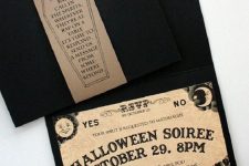 an ouija board Halloween invitation in a black envelope with a coffin is a creative idea for a Halloween soiree