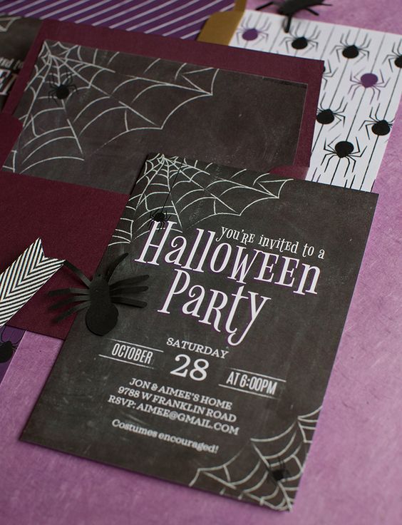 classic black chalkboard Halloween invitations with spiderwebs and spiders will be a fit for many Halloween parties