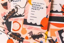 colorful modern Halloween party invitations with pumpkins and stars are great for a bright and fun party or even a dancing one