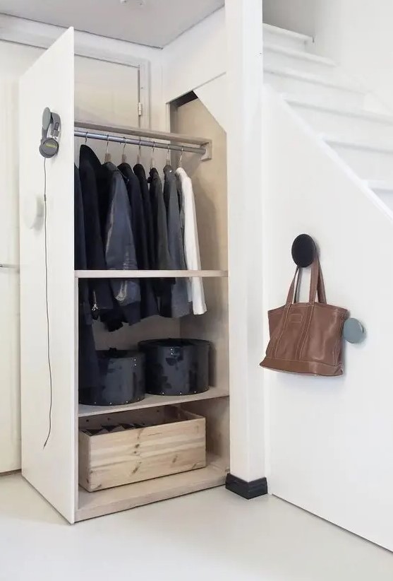 large drawers built into the staircases can substitute a whole mudroom or closet if you need it