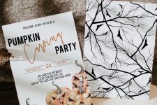 pretty and classic Halloween party invitations with jack-o-lanterns, calligraphy and blackbirds are amazing