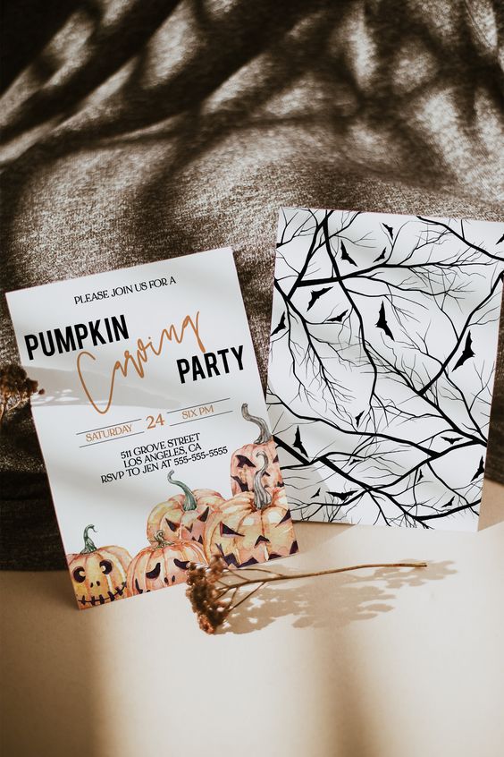 Pretty and classic Halloween party invitations with jack o lanterns, calligraphy and blackbirds are amazing