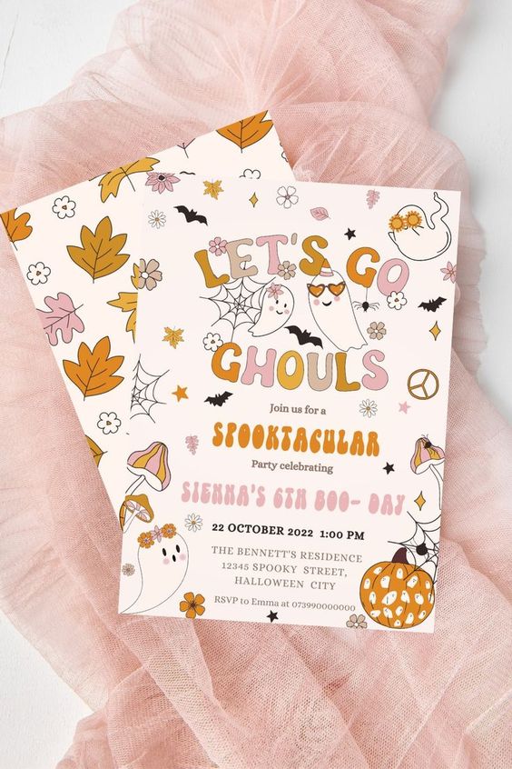 pretty, funny and colorful Halloween invitations with ghosts, pumpkins and leaves will be great for a cute pastel party