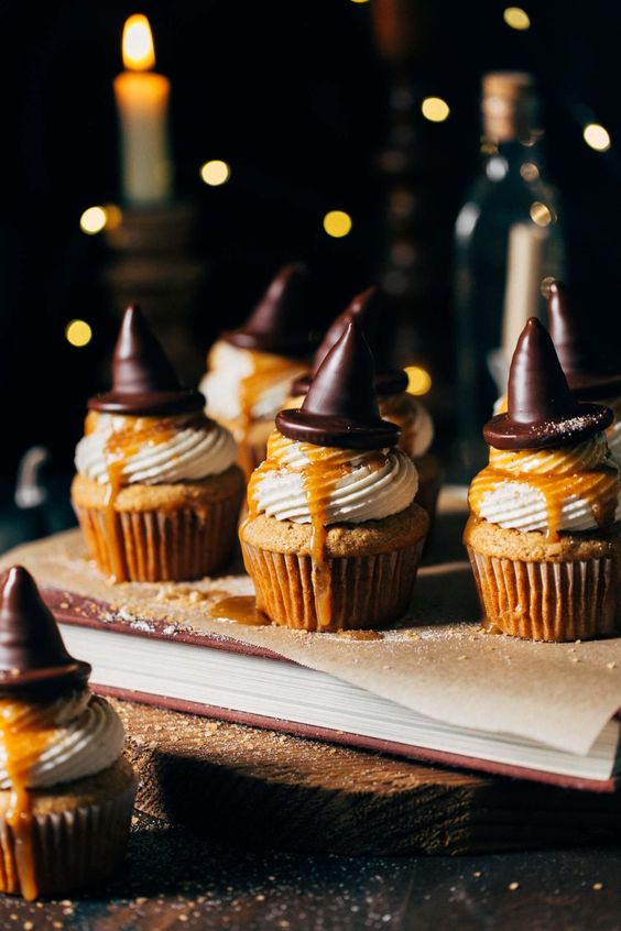 sorting hat butterbeer cupcakes are adorable for Hallowee parties, they are delicious