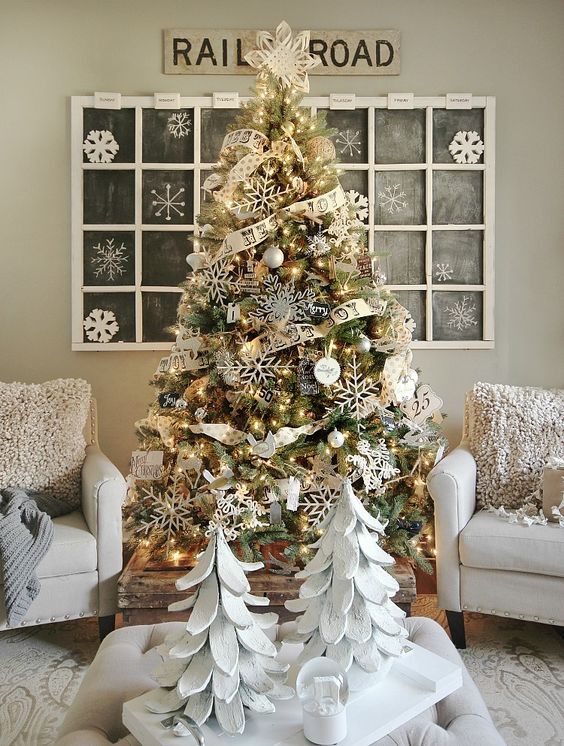 a farmhouse Christmas tree with ribbon, lights, ornaments, snowflakes and pinecones is a lovely solution