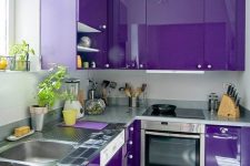 07 a bold violet kitchen with metal countertops and white knobs is a stylish and super catchy idea